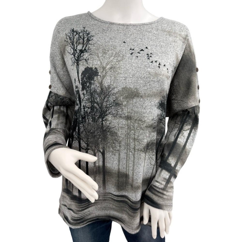 JESS & JANE Small Tunic Top Gray Forest Nature Print Inspiration Slinky Knit Art